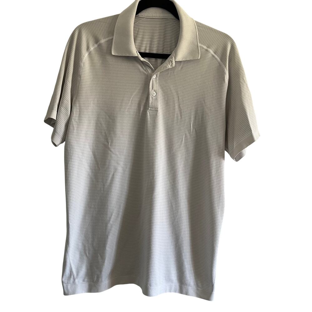 Lululemon Metal Vent Tech Polo Shirt Men’s Large White Gray Stripe Stretch -EUC